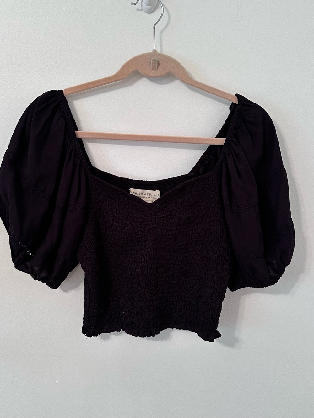 Saltwater Luxe Smocked Puff-Sleeve Crop Top - Black